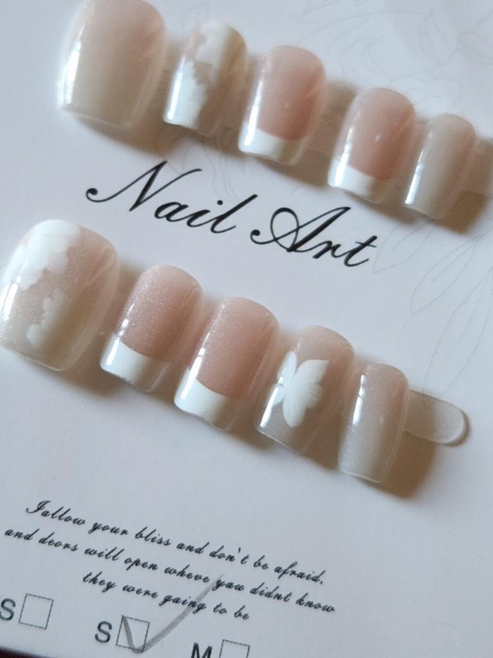 Small short square floral french tip press-on nails. Size Small.